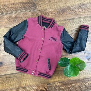 PINK xs victorias secret varsity bomber leather maroon oversized jacket ringer